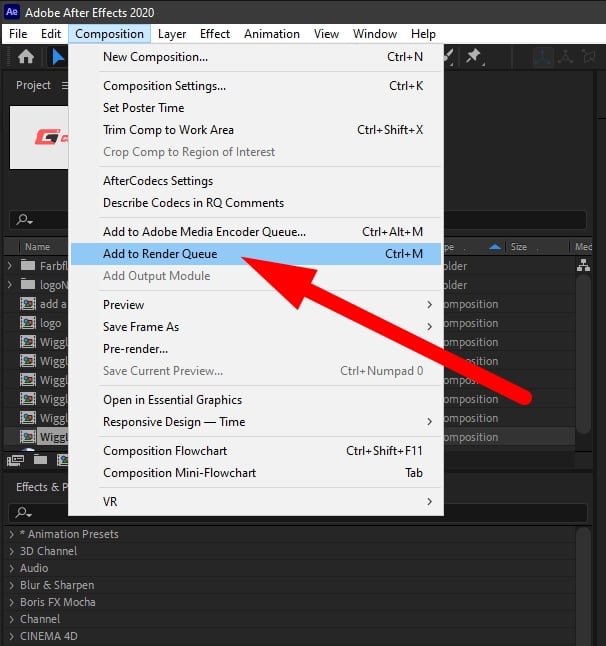Add a composition to the render queue in After Effects