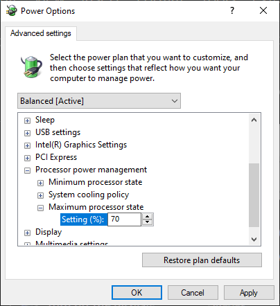 Power options advanced settings