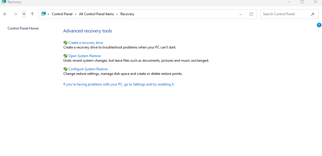 Windows Control Panel Recovery